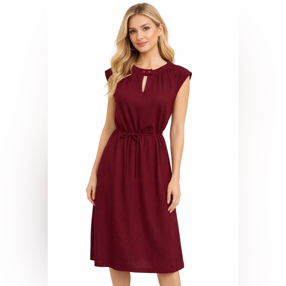 Vintage 70s Straight Lane Burgundy Belted Dress Keyhole Neck Secretary MidiDress